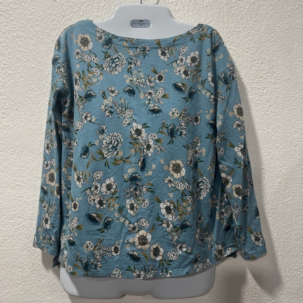 J Jill Top Womens XSmall Blue Floral Luxe Supima Boat Neck Tee Long Sleeve Knit